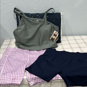 Avia Green Bra Tank Top, Purple and Navy bike Shorts set. Size is XL 16-18.